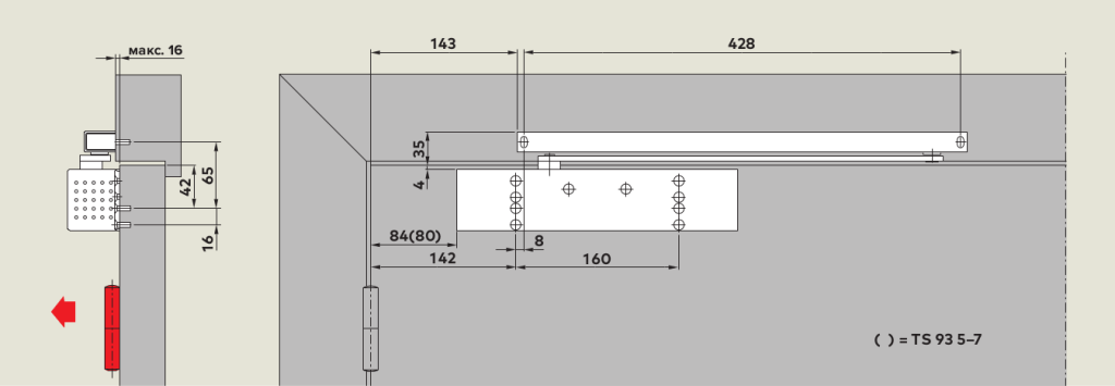 TS 93 B: Монтаж на дверное полотно со стороны петель