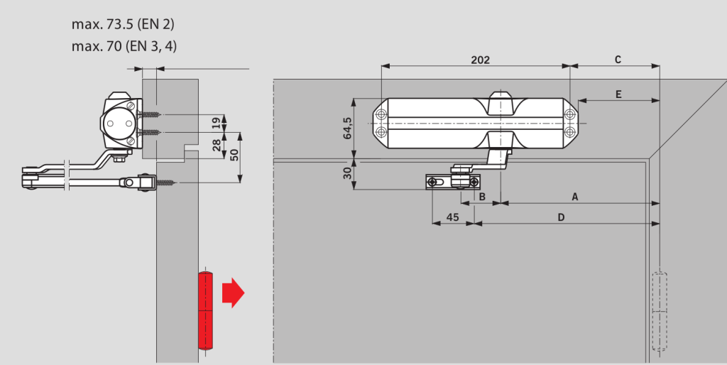Монтаж на дверном полотне со стороны, противоположной петлям