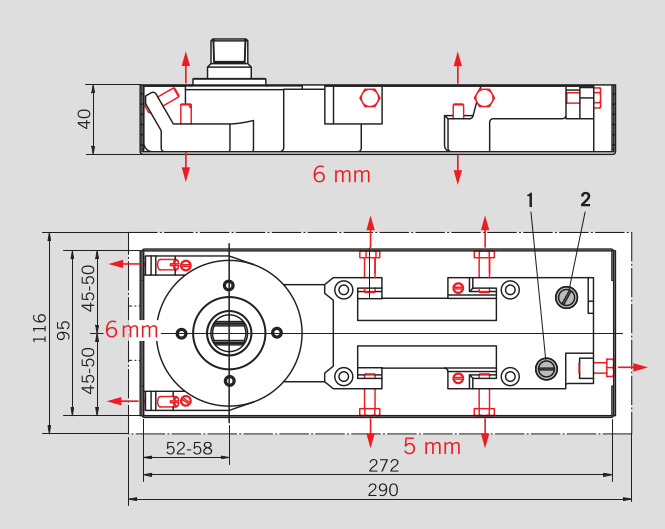 Габаритные размеры и регулировки доводчика BTS 60