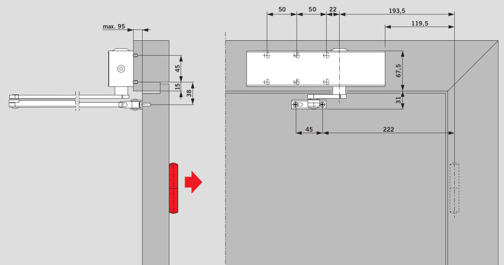 Монтаж на дверную коробку со стороны, противоположной петлям