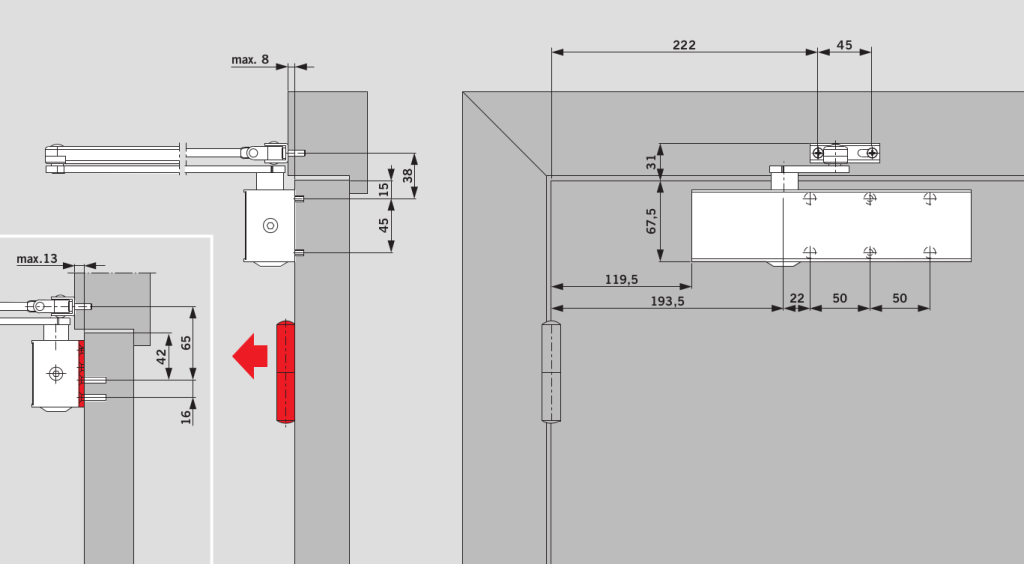 Монтаж на дверном полотне со стороны петель