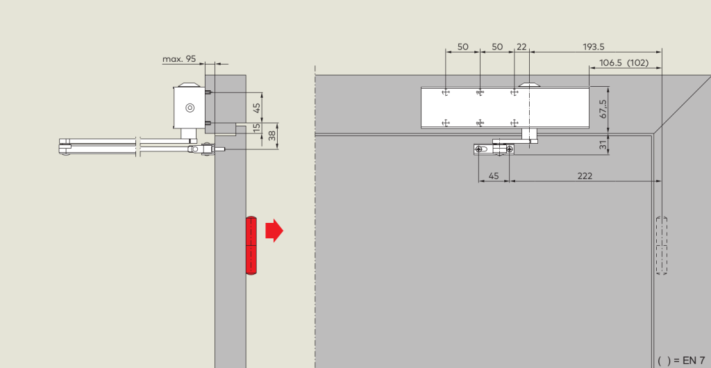 Монтаж на дверную коробку со стороны, противоположной петлям