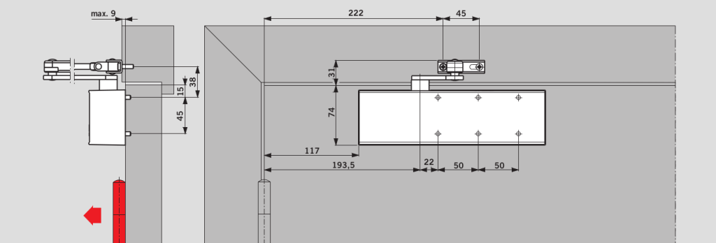 Монтаж на дверном полотне со стороны петель