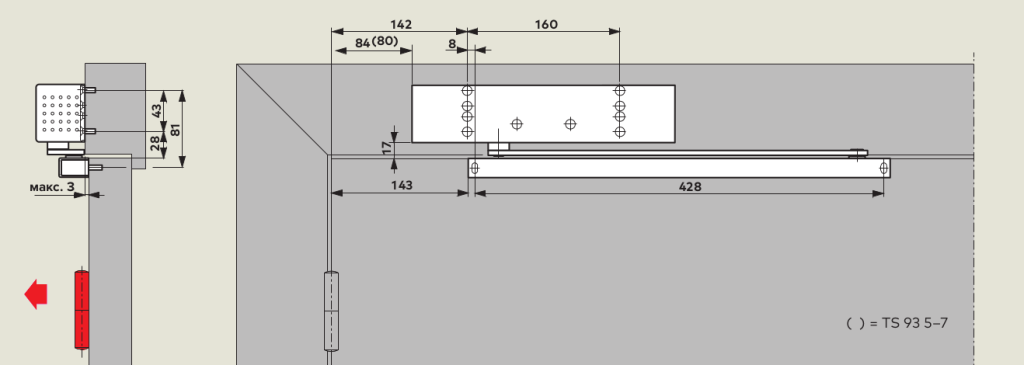TS 93 G: Монтаж на дверное полотно со стороны петель